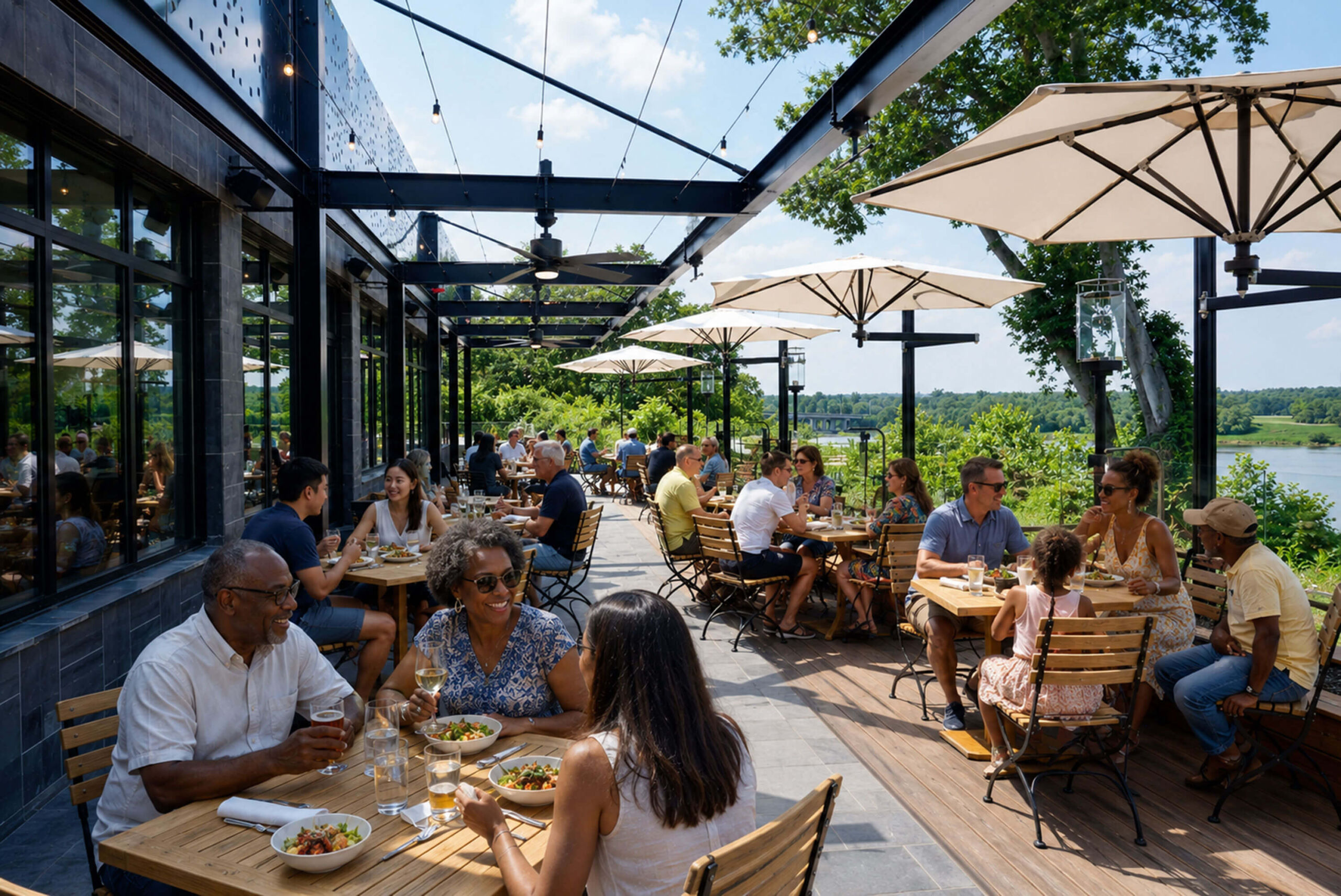 boathouse-city-point-patio-riverfront-dining → Visit Hopewell / Prince George VA → Visit Hopewell / Prince George VA Crowded outdoor restaurant terrace with diners at wooden tables under white umbrellas, overlooking a river valley.